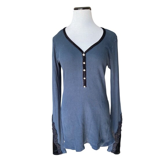 Y2K Whimsygoth Velvet Trim Henley Top Size L Gray Lace Bell Sleeves Dark Fairy - Picture 1 of 16